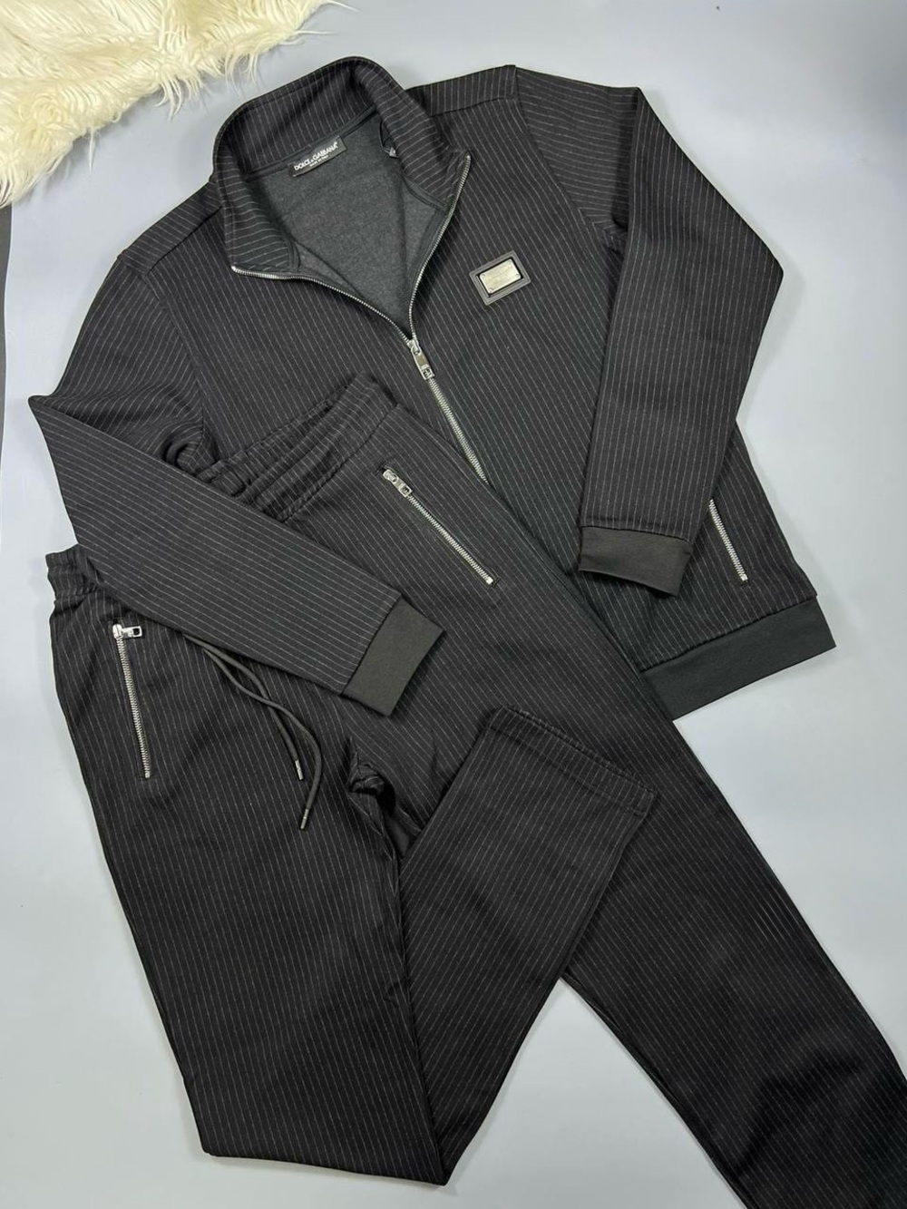 DG Black Pinstripe Zip Jacket and Track Pants Set